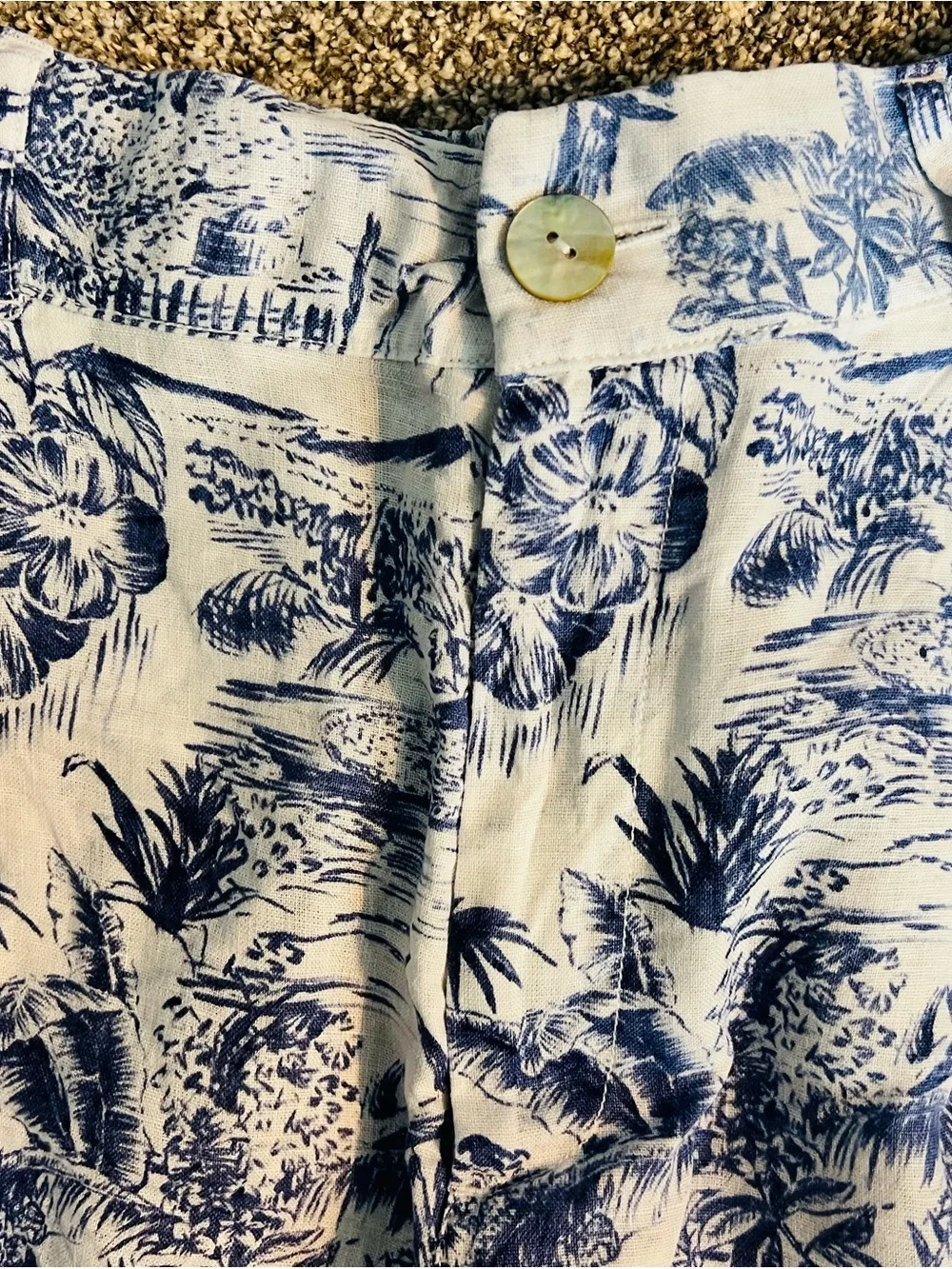 White & Navy Tropical Print Wide Leg Linen Cropped Pants - Picture 3 of 7